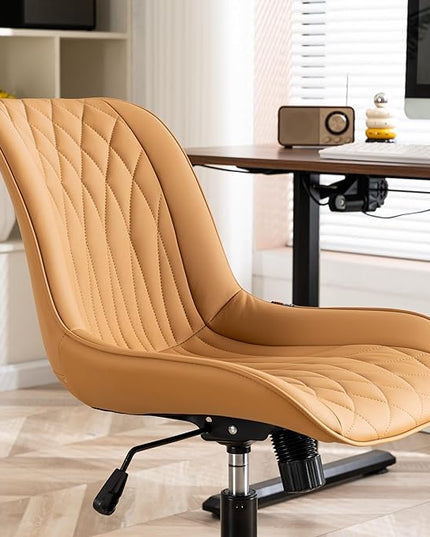YOUNIKE Armless Office Chair with Wheels Tan Desk Chair Swivel Rolling Computer Task Chair with Back Upholstered Faux Leather Rocking Gaming Chair Height Adjustable Modern Ergonomic Wide Seat - LeafyLoom