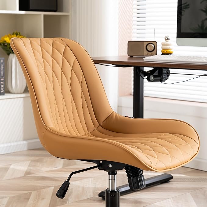 YOUNIKE Armless Office Chair with Wheels Tan Desk Chair Swivel Rolling Computer Task Chair with Back Upholstered Faux Leather Rocking Gaming Chair Height Adjustable Modern Ergonomic Wide Seat - LeafyLoom
