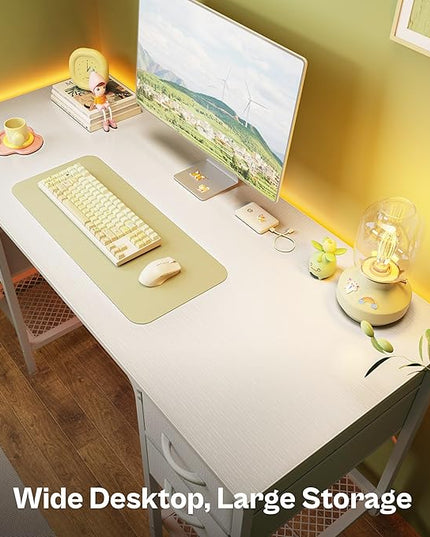 47 Inch Computer Desk with 4 Drawers, Office Desk with Mesh Shelf, Gaming Desk, Large Storage, Writing Desk Work Desk for Home Office, Study, Bedroom, Work from Home, White - LeafyLoom