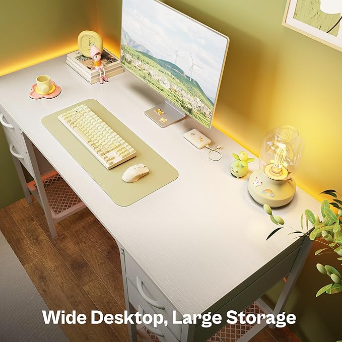 47 Inch Computer Desk with 4 Drawers, Office Desk with Mesh Shelf, Gaming Desk, Large Storage, Writing Desk Work Desk for Home Office, Study, Bedroom, Work from Home, White - LeafyLoom