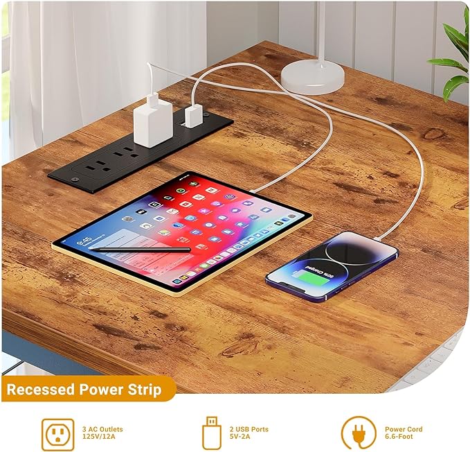 47 Inch Computer Desk with Magic Power Outlets, Modern Office Desk with USB Charging Ports, Sturdy Student Writing Desk, Simple Laptop PC Gaming Table for Bedroom Workstation, Rustic Brown - LeafyLoom