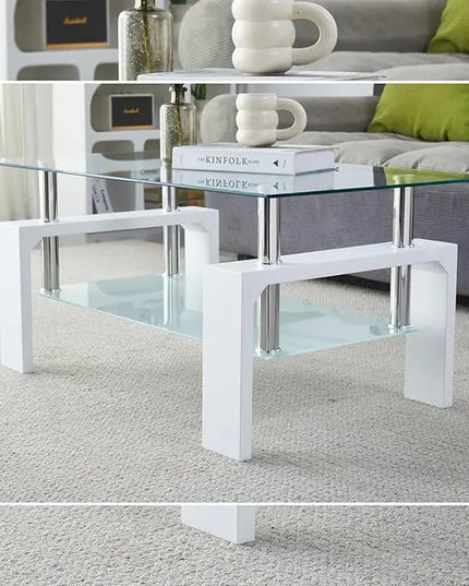 Coffee Table - Rectangle Glass Coffee Table with Simple and Classical Inspired Design, Easy Assembly for Modern Living, 39.5 * 23.5 * 17.5 inches (White) - LeafyLoom