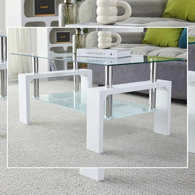 Coffee Table - Rectangle Glass Coffee Table with Simple and Classical Inspired Design, Easy Assembly for Modern Living, 39.5 * 23.5 * 17.5 inches (White) - LeafyLoom