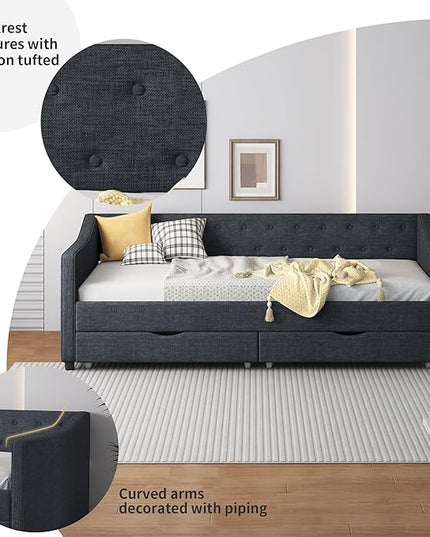 Full Daybed Frame with 2 Storage Drawers,Upholstered Sofa Bed W/Button & Nailhead Tufted Design,Wood Slats Support,Linen Fabric Bedframe for Living Room Bedroom Apartment,Dark Gray - LeafyLoom