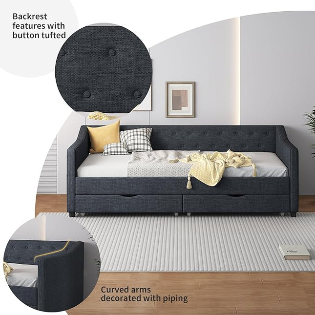 Twin Daybed Frame with 2 Storage Drawers,Upholstered Sofa Bed W/Button & Nailhead Tufted Design,Wood Slats Support,Linen Fabric Bedframe for Living Room Bedroom Apartment,Dark Gray - LeafyLoom