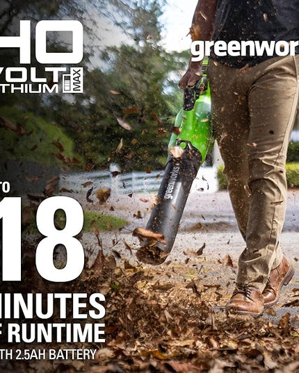 Greenworks 40V (120 MPH / 500 CFM / 75+ Compatible Tools) Cordless Axial Leaf Blower, 2.5Ah Battery and Charger Included - LeafyLoom