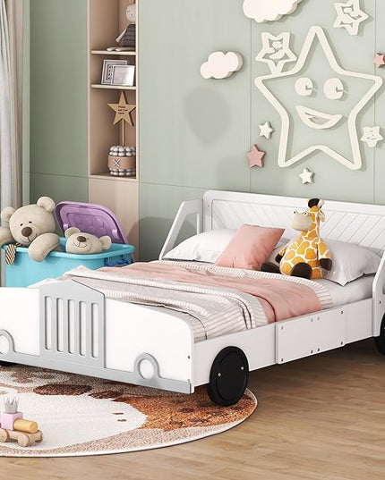 Full Size Car-Shaped Platform Bed with Wheels,Wood Bedframe W/Rails on Both Sides & Slat Support,No Box Spring Needed,Fun Play for Boys Kids Toddlers Child's Bedroom,White - LeafyLoom