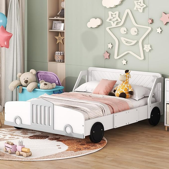 Full Size Car-Shaped Platform Bed with Wheels,Wood Bedframe W/Rails on Both Sides & Slat Support,No Box Spring Needed,Fun Play for Boys Kids Toddlers Child's Bedroom,White - LeafyLoom