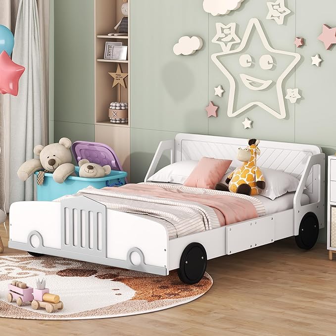 Full Size Car-Shaped Platform Bed with Wheels,Wood Bedframe W/Rails on Both Sides & Slat Support,No Box Spring Needed,Fun Play for Boys Kids Toddlers Child's Bedroom,White - LeafyLoom