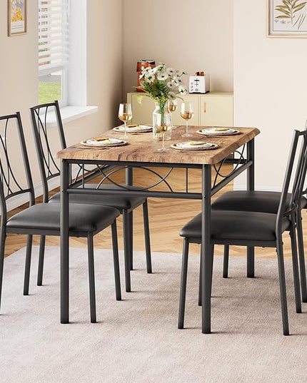 Dining Table Set, 5 Piece Dining Table set for 4, Rectangle Kitchen Table Set with 4 Upholstered Chairs, Dining Table Set for Small Space, Apartment, Retro Brown - LeafyLoom