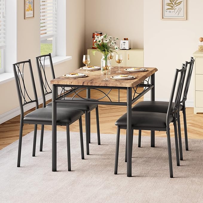 Dining Table Set, 5 Piece Dining Table set for 4, Rectangle Kitchen Table Set with 4 Upholstered Chairs, Dining Table Set for Small Space, Apartment, Retro Brown - LeafyLoom