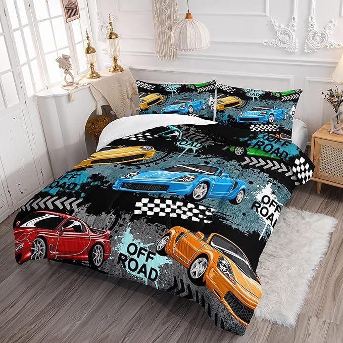 Axolotl Car Comforter Set Twin Size,Cool Speed Race Car Comforter for Kids Boys Girls Teens Bedroom,Extreme Sport Quilt Duvet 1 Comforter 2 Pillowcase Car Racing Gifts,Blue Red Orange - LeafyLoom