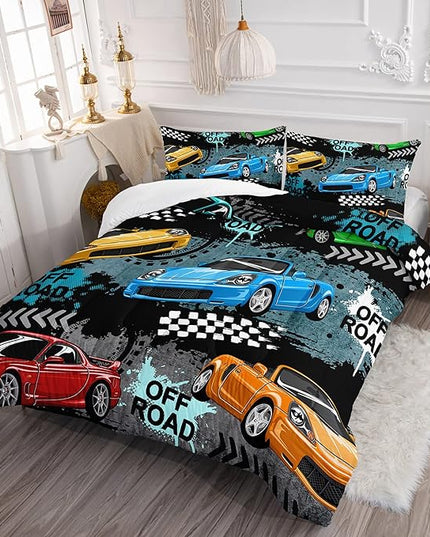 Axolotl Car Comforter Set Full Size,Cool Speed Race Car Comforter for Kids Boys Girls Teens Bedroom,Extreme Sport Quilt Duvet 1 Comforter 2 Pillowcase Car Racing Gifts,Blue Red Orange - LeafyLoom