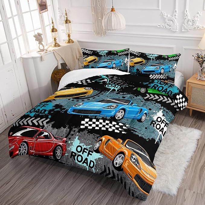 Axolotl Car Comforter Set Full Size,Cool Speed Race Car Comforter for Kids Boys Girls Teens Bedroom,Extreme Sport Quilt Duvet 1 Comforter 2 Pillowcase Car Racing Gifts,Blue Red Orange - LeafyLoom