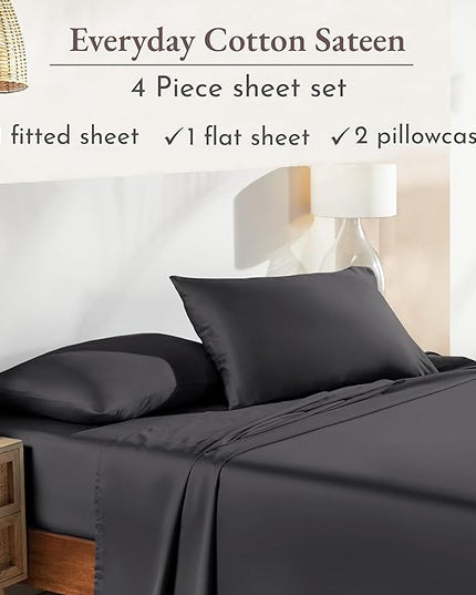 California Design Den Soft 100% Cotton Sheets King Size Bed Sheets Set with Deep Pockets, 4 Piece Grey Sheets with Sateen Weave, Cooling Sheets (Grey) - LeafyLoom