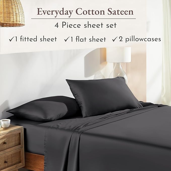 California Design Den Soft 100% Cotton Sheets King Size Bed Sheets Set with Deep Pockets, 4 Piece Grey Sheets with Sateen Weave, Cooling Sheets (Grey) - LeafyLoom