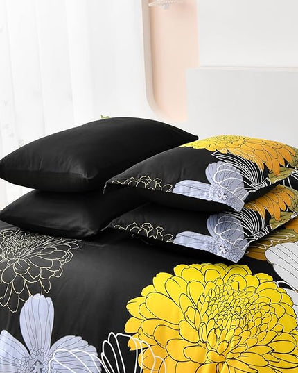Bed in a Bag Queen Yellow Black Comforter Set 7 Pieces Soft Microfiber Floral Bedding Set with 1 Comforter 1 Flat Sheet 1 Fitted Sheet 2 Pillowshams 2 Pillowcases - LeafyLoom