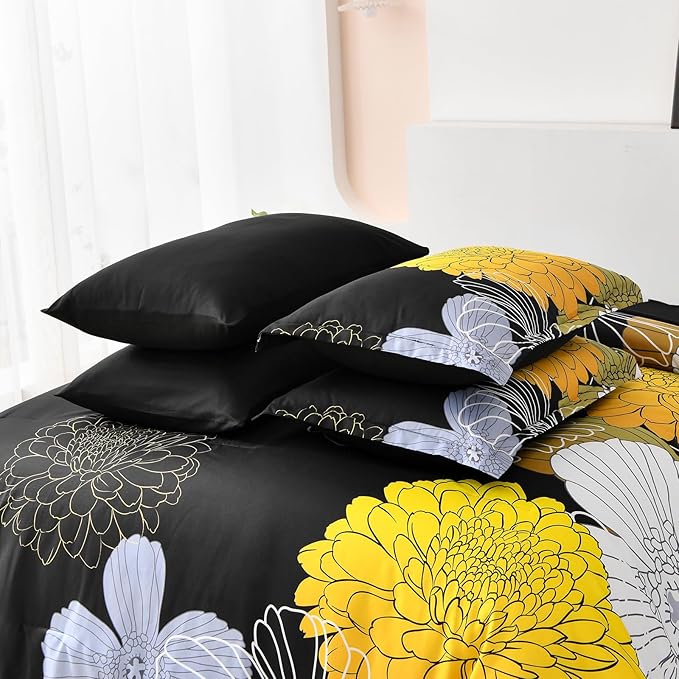 Bed in a Bag Queen Yellow Black Comforter Set 7 Pieces Soft Microfiber Floral Bedding Set with 1 Comforter 1 Flat Sheet 1 Fitted Sheet 2 Pillowshams 2 Pillowcases - LeafyLoom