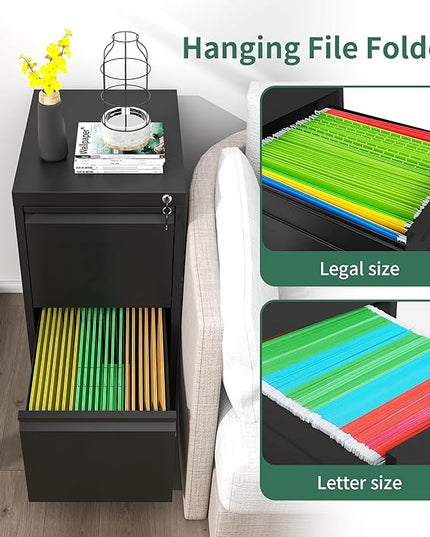 2 Drawer File Cabinet with Lock, Metal Vertical Filing Cabinets for Home Office, Steel Storage Cabinet for Hanging Legal/Letter Size Files, Assembly Required (Black) - LeafyLoom