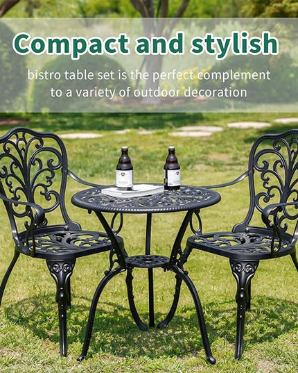 Bistro Table and Chairs Set of 2, Cast Aluminum Patio Furniture, Outdoor Bistro Set 3 Piece with Umbrella Hole for Balcony Porch Yard - LeafyLoom