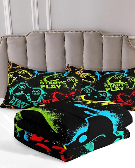 Kids Comforter Bedding Set Full Size 5 Piece Super Soft Breathable Print Kids Bedding Sets for Boys, Washable Durable Comforter Set with Comforter, Shams, Sheet, 2 Pillowcases (GamePad) - LeafyLoom