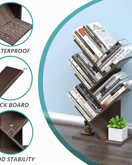 5 Tier Small Tree Bookshelf Desk Book Organizer Narrow Bookcases for Books Magazines CDs Free Standing Retro Wooden Storage Shelves for Home Office Bedroom Living Room Dark Walnut - LeafyLoom