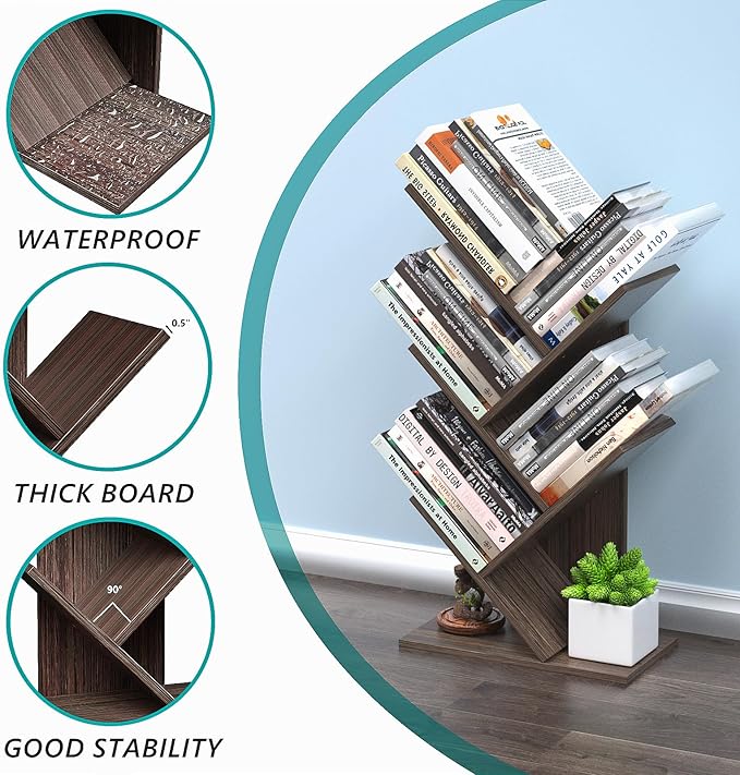 5 Tier Small Tree Bookshelf Desk Book Organizer Narrow Bookcases for Books Magazines CDs Free Standing Retro Wooden Storage Shelves for Home Office Bedroom Living Room Dark Walnut - LeafyLoom