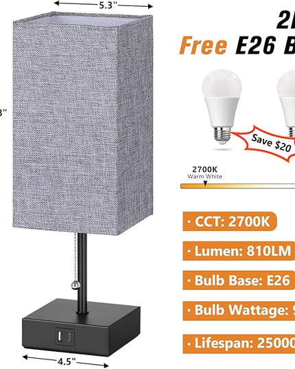 Table Lamp for Bedroom Set of 2, Warm White Bedside Lamps with USB Type C Outlets, Square Pull Chain Nightstand Lamp for Living Room, Office Desk, LED Bulb Included - LeafyLoom