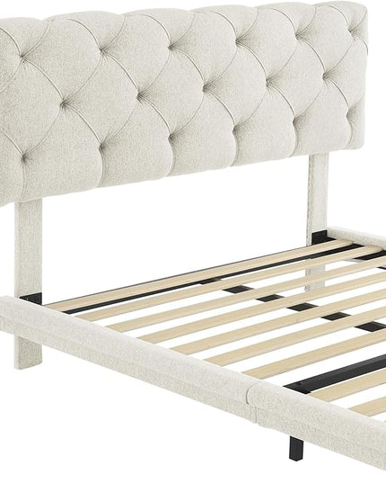 Full Size Linen Upholstered Bed with Light Stripe,Floating Platform Beds,w/Headboard and Wooden Slats Support,for Apartment,Bedroom,Living Room,Easy Assembly,Beige - LeafyLoom