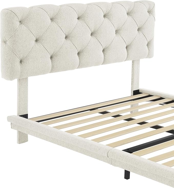 Full Size Linen Upholstered Bed with Light Stripe,Floating Platform Beds,w/Headboard and Wooden Slats Support,for Apartment,Bedroom,Living Room,Easy Assembly,Beige - LeafyLoom