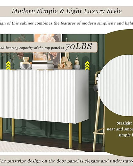 Modern Simple Sideboard with Particle Board & MDF,Luxury Style Buffet Cabinet,W/Gold Metal Legs and Handles,Adjustable Shelves,for Kitchen,Dining Room,White, 47.2" - LeafyLoom