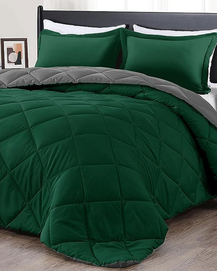 downluxe Queen Comforter Set - Dark Green and Grey Queen Comforter, Soft Bedding Sets for All Seasons -3 Pieces - 1 Comforter (88"x92") and 2 Pillow Shams(20"x26") - LeafyLoom
