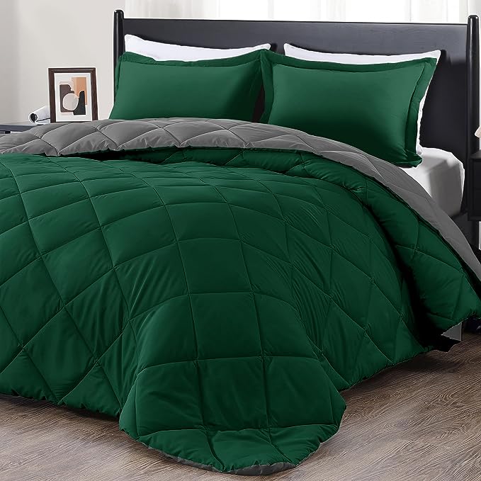 downluxe Queen Comforter Set - Dark Green and Grey Queen Comforter, Soft Bedding Sets for All Seasons -3 Pieces - 1 Comforter (88"x92") and 2 Pillow Shams(20"x26") - LeafyLoom