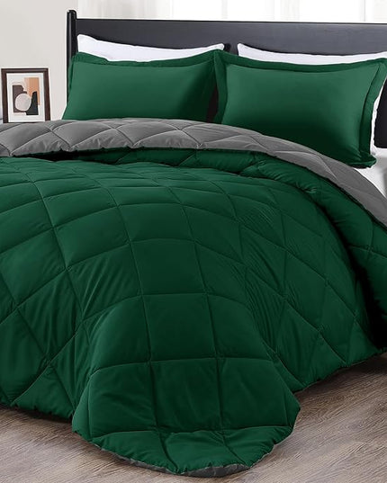 downluxe King Size Comforter Set - Dark Green and Grey King Comforter, Soft Bedding Sets for All Seasons -3 Pieces - 1 Comforter (104"x92") and 2 Pillow Shams(20"x36") - LeafyLoom