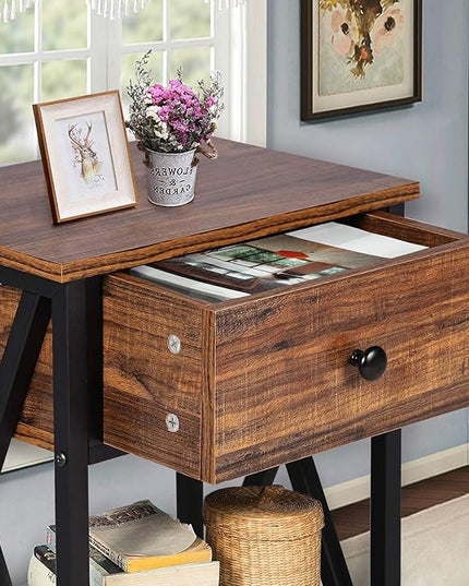 VECELO Modern Versatile Nightstands X-Design Side End Table Night Stand Storage Shelf with Bin Drawer for Living Room Bedroom, Brown+Black - LeafyLoom