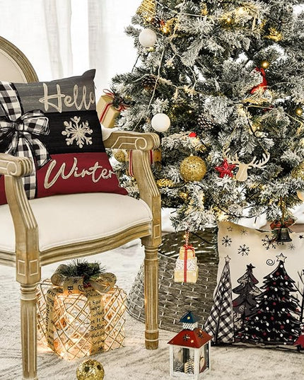 AVOIN colorlife Merry Christmas Joy Xmas Trees Red Throw Pillow Covers, 18 x 18 Inch Christmas Winter Holiday Cushion Case Decoration for Sofa Couch Set of 4 AVOINcolorlife