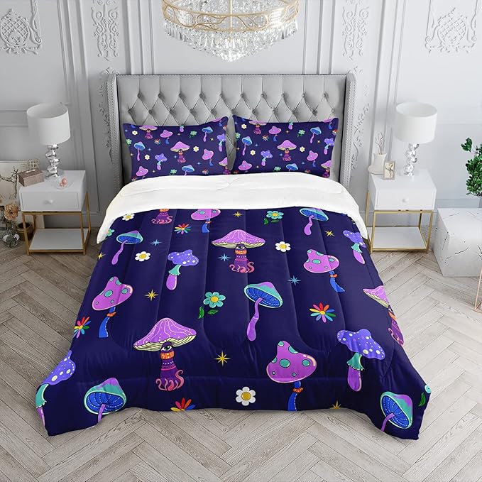 Colorful Mushroom Comforter Set Full Size Kids Trippy Mushroom Bedding Set Hippy Star Eye Theme Quilt Bed Set for Boys Girls Adults with 1 Comforter and 2 Pillowcases - LeafyLoom