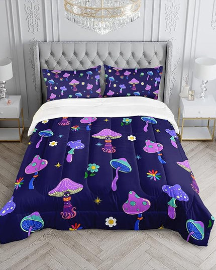 Colorful Mushroom Comforter Set Twin Size Kids Trippy Mushroom Bedding Set Hippy Star Eye Theme Quilt Bed Set for Boys Girls Adults with 1 Comforter and 2 Pillowcases - LeafyLoom