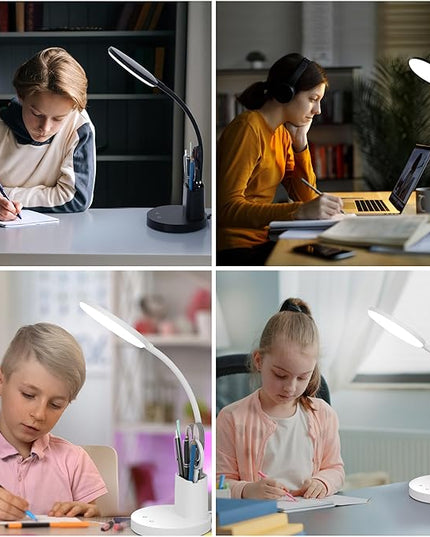 Desk Lamp, LED Desk Lamp for Home Office, Touch Table Lamp with 3 Color Modes 360° Adjustable Arm, Dimmable Desk Light with Pen Phone Holder, White - LeafyLoom