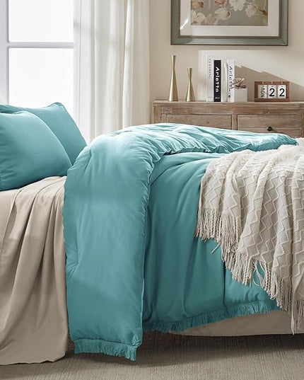 Andency Aqua Tassel Comforter Set Queen(90x90Inch), 3 Pieces(1 boho Comforter, 2 Pillowcases) Farmhouse Shabby Chic Comforter Set, Soft Microfiber Lightweight Fringe Bedding Comforter Set - LeafyLoom