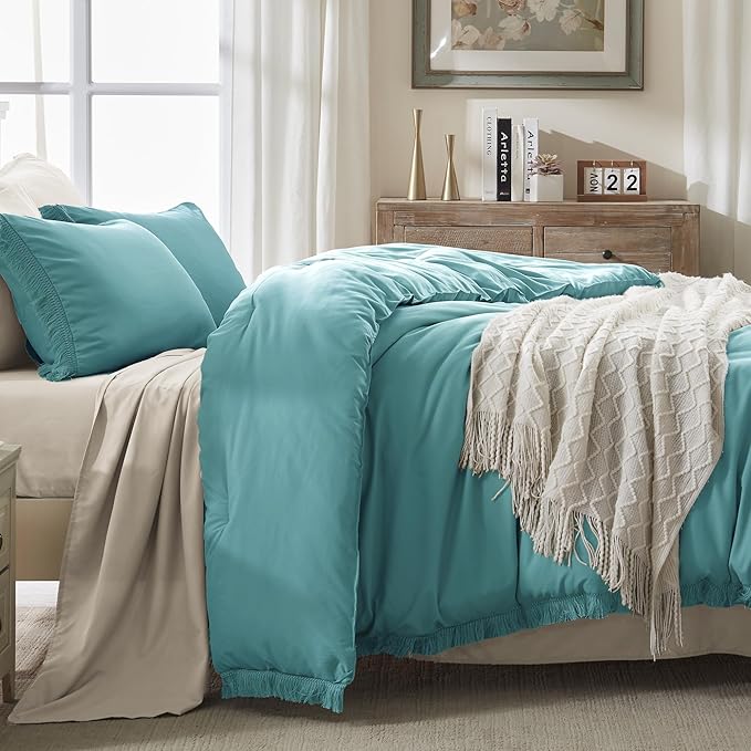 Andency Aqua Tassel Comforter Set Queen(90x90Inch), 3 Pieces(1 boho Comforter, 2 Pillowcases) Farmhouse Shabby Chic Comforter Set, Soft Microfiber Lightweight Fringe Bedding Comforter Set - LeafyLoom