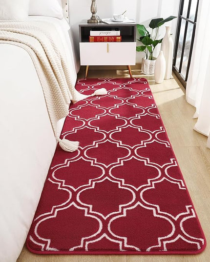 Chicrug Shag Geometric Modern Runner Rug for Bedroom, 2x6 Feet Memory Foam Indoor Hallway Runner Carpet, Fluffy Rug for Living Room Bedside Room Decor for Family, Wine Red/White - LeafyLoom