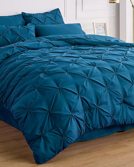 Bedsure Teal Comforter Set Queen - Bed in a Bag Queen 7 Pieces, Pintuck Bedding Sets Teal Blue Bed Set with Comforter, Sheets, Pillowcases & Shams - LeafyLoom