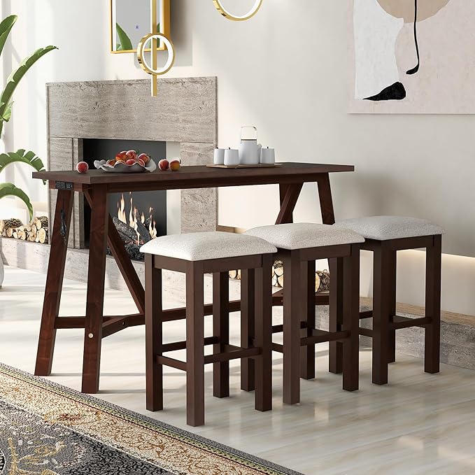 RITSU Multipurpose Set with 3 Upholstered Stools, Easy to Assemble, Table Weight Capacity 350 LBS, for Living, Guest Room, Home Bar, Kitchen, Dark Walnut, 3-Piece, Espresso - LeafyLoom