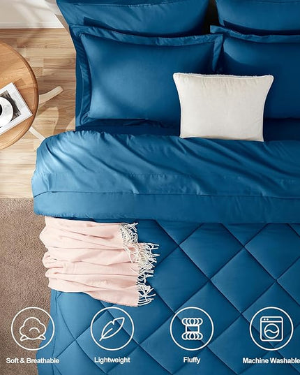 CozyLux Queen Bed in a Bag 7-Pieces Comforter Sets with Comforter and Sheets Teal All Season Bedding Sets with Comforter, Pillow Shams, Flat Sheet, Fitted Sheet and Pillowcases - LeafyLoom
