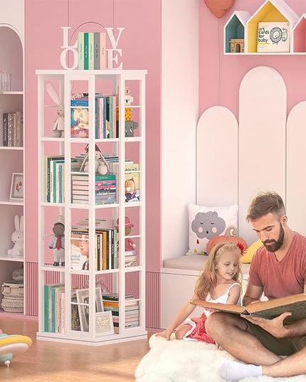 Aheaplus Rotating Bookshelf, Corner Bookshelf, 360 Display Wood Spinning Bookshelf, Floor Standing Bookcase Narrow Shelf Revolving Organizer Storage Rack for Small Space, Bedroom, Study Room, White - LeafyLoom