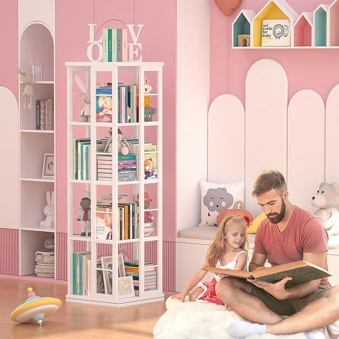 Aheaplus Rotating Bookshelf, Corner Bookshelf, 360 Display Wood Spinning Bookshelf, Floor Standing Bookcase Narrow Shelf Revolving Organizer Storage Rack for Small Space, Bedroom, Study Room, White - LeafyLoom