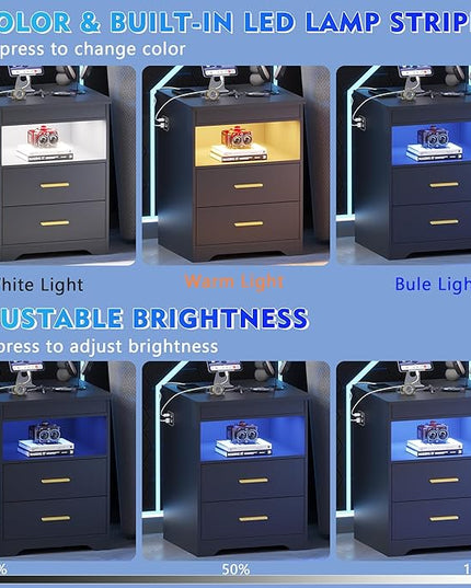 Nightstand Set of 2 with Charging Station, Beside Table with Secret Gun Compartment, Modern Nightstand with Auto Sensor LED 3 Color Dimmable for Bedroom Furniture - LeafyLoom