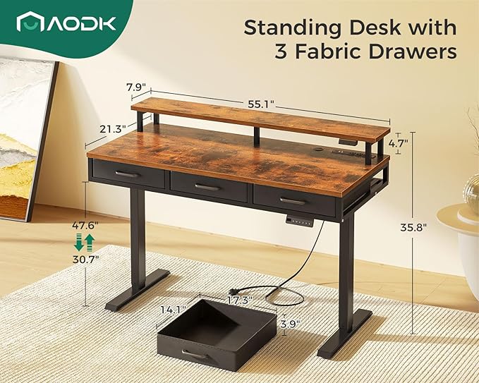AODK 55 Inch Electric Standing Desk with 3 Drawers, Brown, Height Adjustable Desk with Power Outlets & LED Lights, Stand Up Desk with Monitor Shelf, Sit Stand Desk Computer Workstation - LeafyLoom