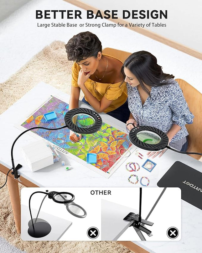 ARTDOT 10X Magnifying Glass with Light and Stand, 144 LEDs Desk Lamp with 5 Color Temperatures and 9 Levels Adjustable Brightness for Diamond Painting Accessories Crafts Reading Hobbies Close Work - LeafyLoom